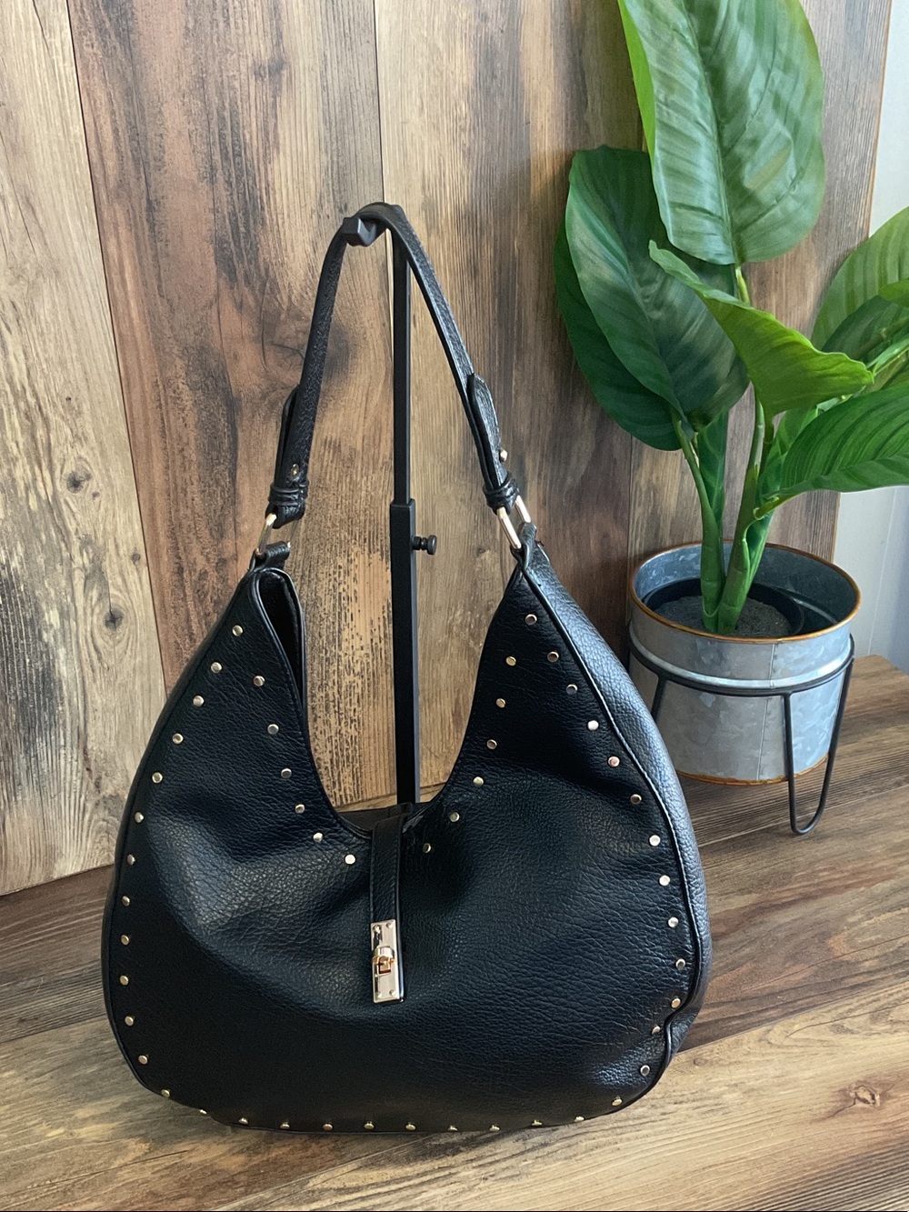 Moda Luxe Oliva Black Vegan Hobo Shoulder Bag with Gold Trim